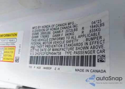 2023 Honda Civic Sport from USA, damaged, VIN 2HGFE2F52PH544758